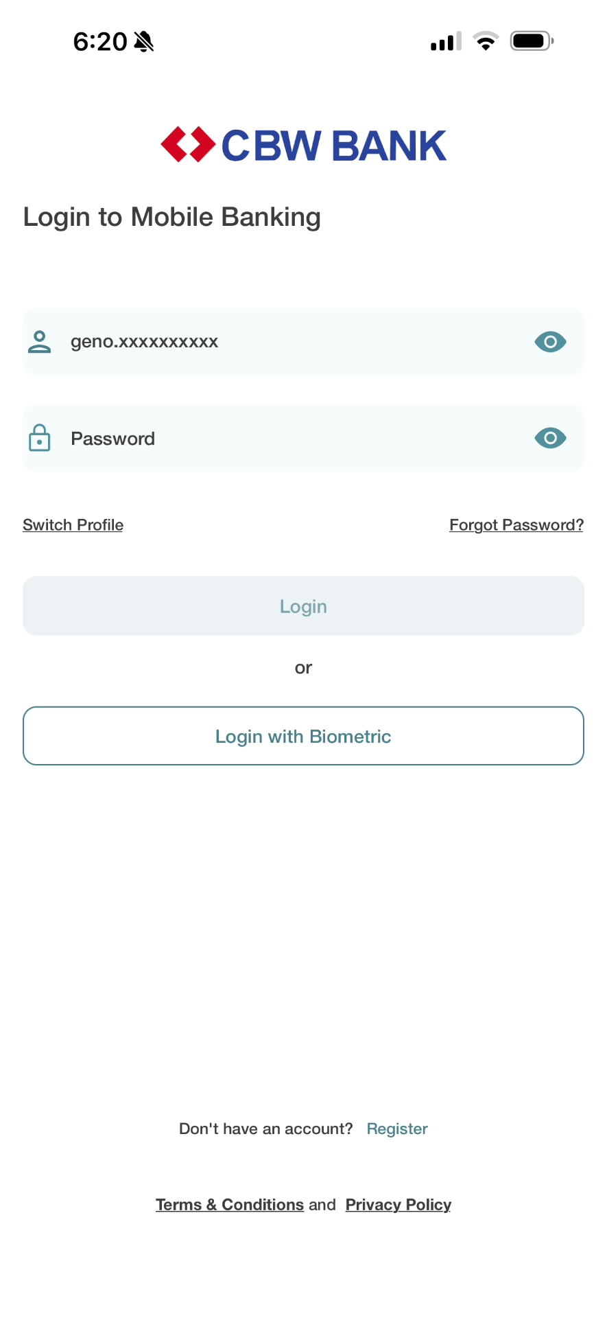 CBW Bank mobile banking login screen