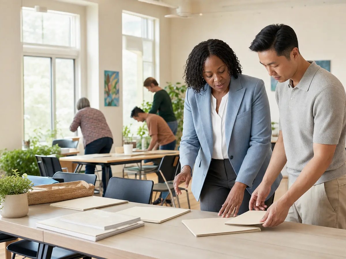 A person works at a laptop on a clean wood desk in focused flow.
