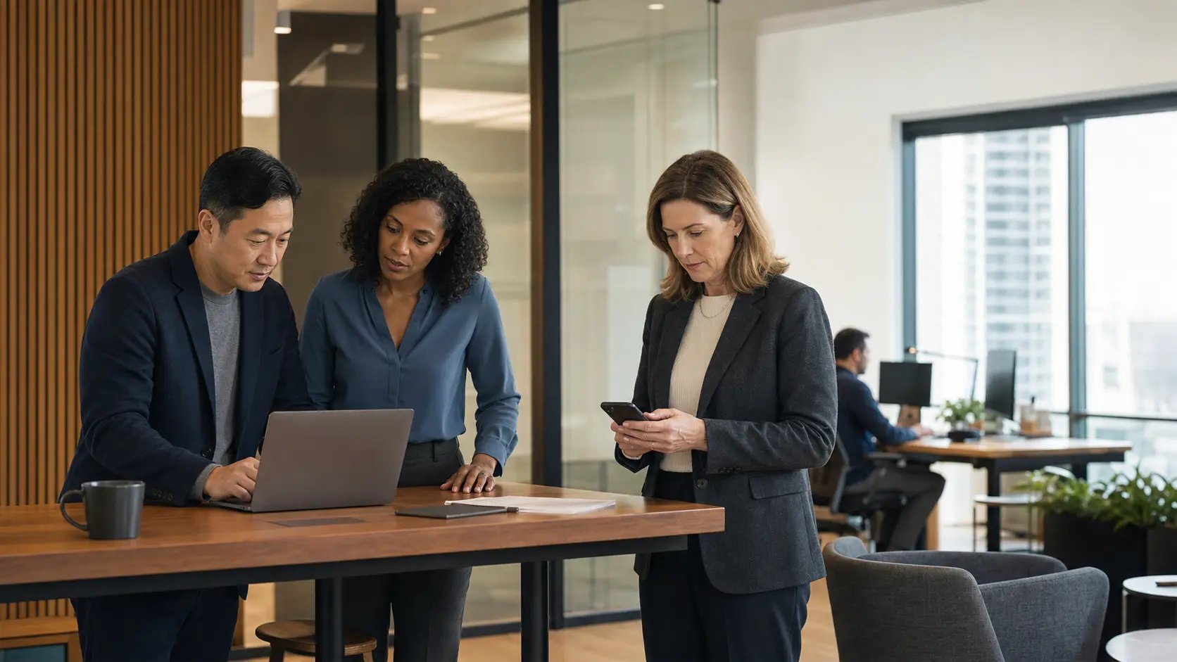 Three founders at a meeting table with laptops, one presenting at a whiteboard nearby.