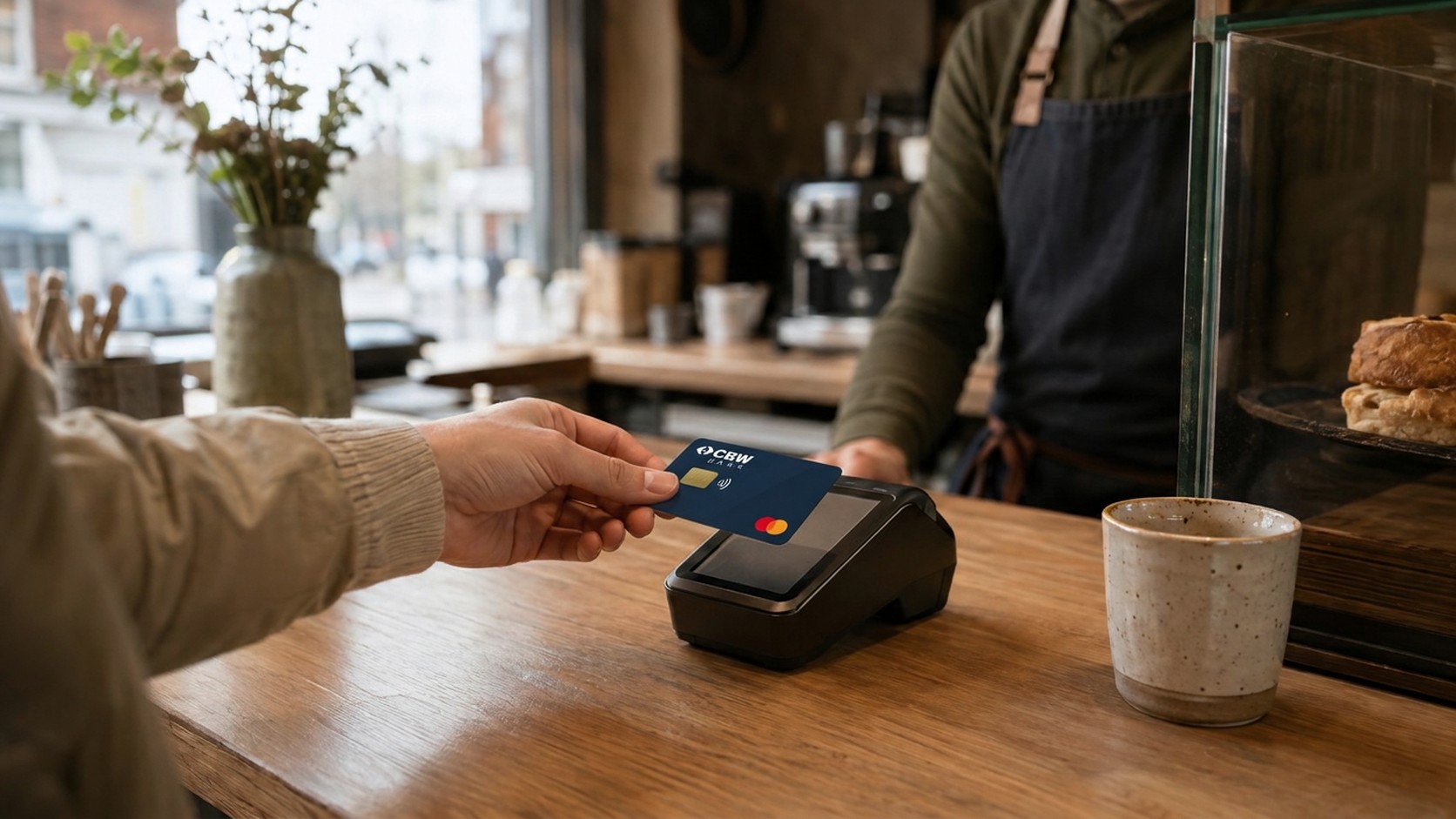 A hand taps a plain navy card on a countertop terminal at a cafe, barista behind the counter.