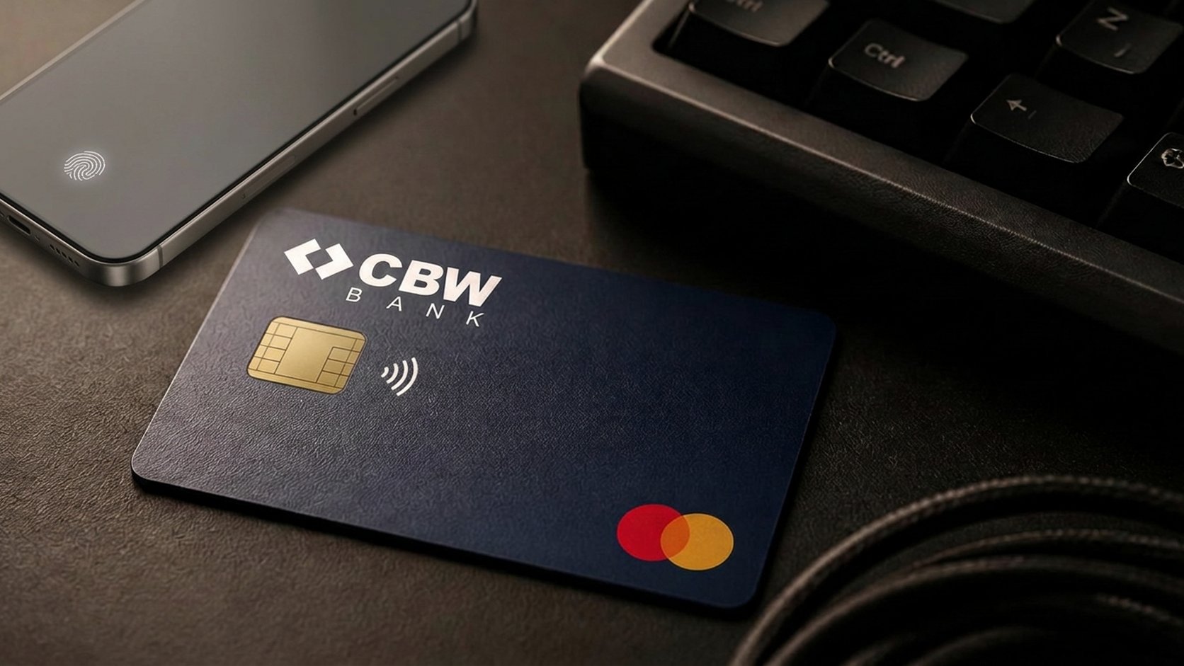 A CBW Mastercard card on a dark desk beside a mechanical keyboard and a phone showing a fingerprint approval prompt on a blank screen.
