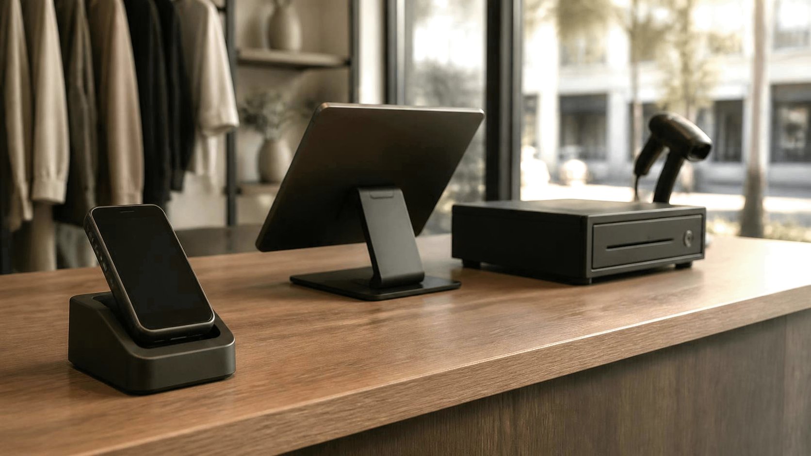 A shop counter before opening with a contactless tap terminal in its dock, a tablet register turned away, a barcode scanner, and a closed cash drawer.
